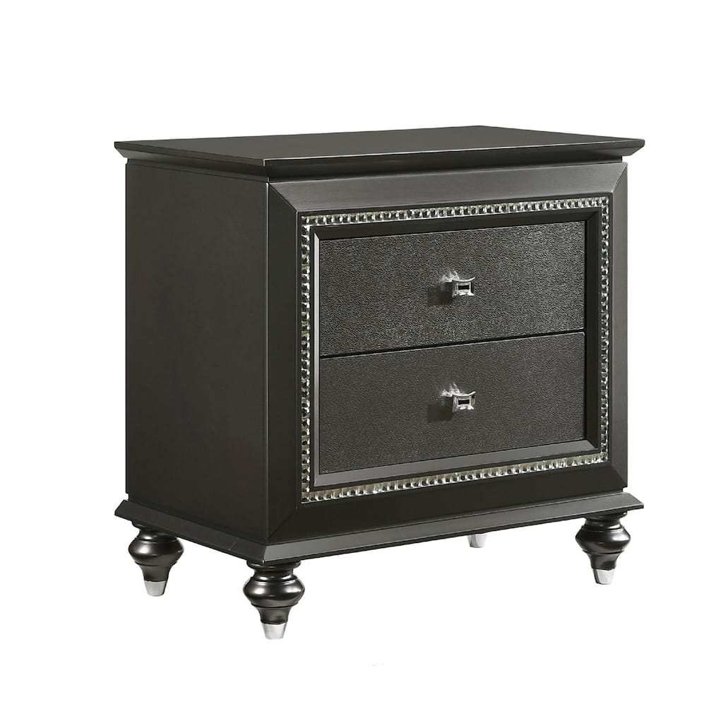 Solid Rubberwood Nightstand with 2 Drawers in Metallic Gray Finish