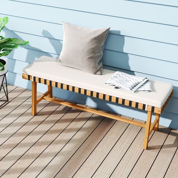 Natural-Off White Acacia Wood Outdoor Bench with Cushion 48 inches Seat - 48" x 14" x 18"