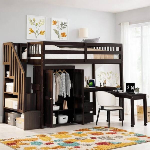 slide 2 of 20, Twin Size Loft Bed with Stairs, Bookshelf, Drawers, Desk & Wardrobe Espresso