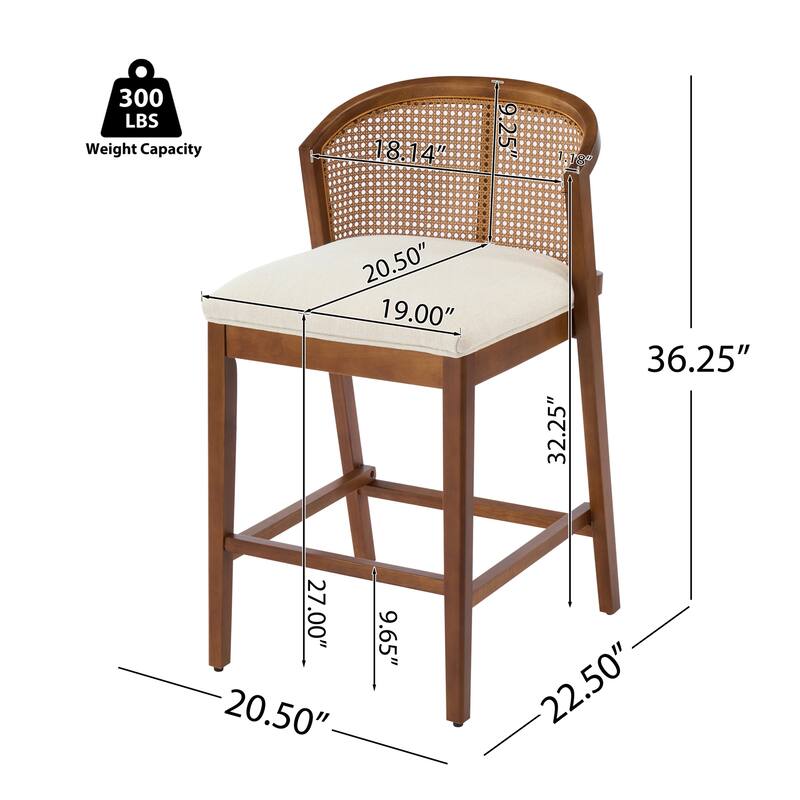 Roomfitters Tatti Indoor Wooden Counter Stools with Rattan Back and Beige Upholstery, Set of 2 - Set of 2