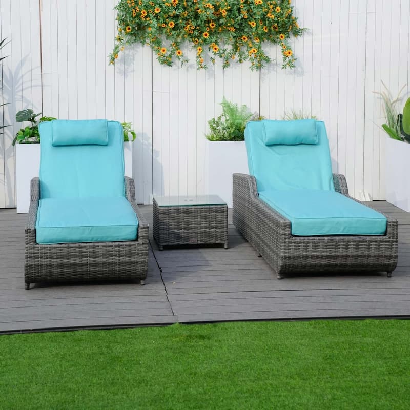 3-piece Patio Wicker Adjustable Chaise Lounge Set with Arms （Throw Pillow Not Include）