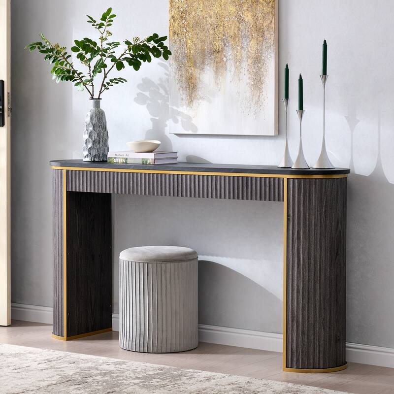 Modern 63" Fluted Console Table, Faux Marble Texture Top, Entry Table - Dark Alder
