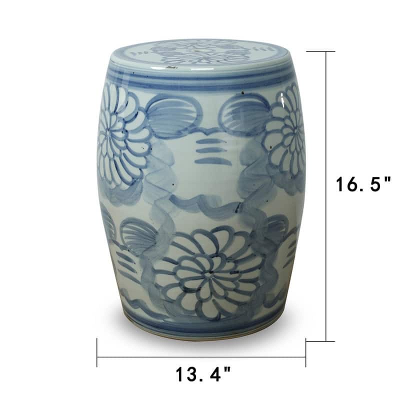 Approx. 17" High Blue and White Garden Stool with Flower Motif