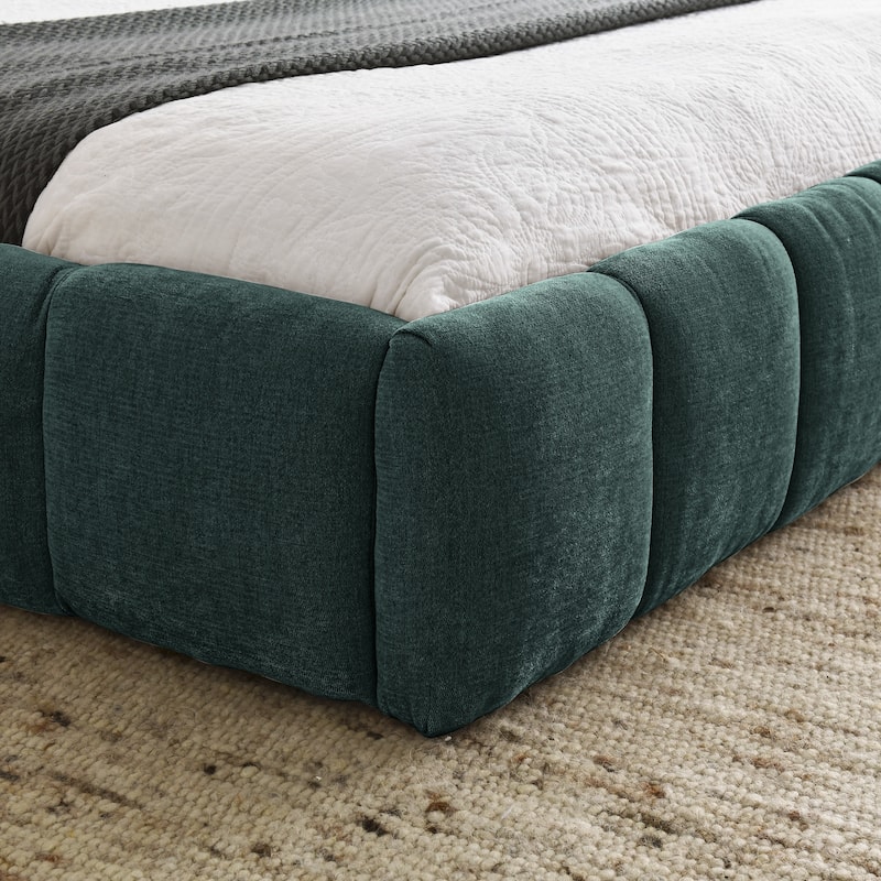 Chenille Fabric Grounded Queen Size Platform Bed with Headboard and Solid Frame