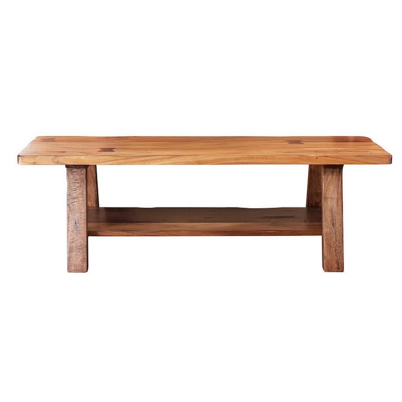 Umey 59 Inch Bench, Solid Mango Wood With Grain Details, 1 Shelf, Brown - Brown