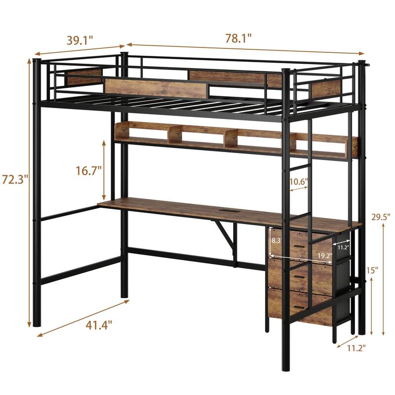 Twin Size Loft Bed with L-Shaped Desk, Metal Frame with Charging Station, Fabric Drawers & Shelves, Safety Guardrail