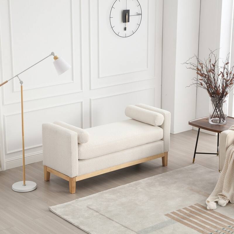 Upholstered Entryway Bench with Solid Wood Legs & Bolster Pillows - Ivory