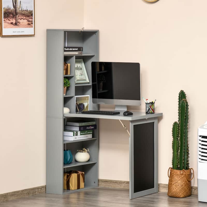 HOMCOM Convertible Folding Desk with Blackboard and Side Shelf Multi-Function Computer Office Workstation