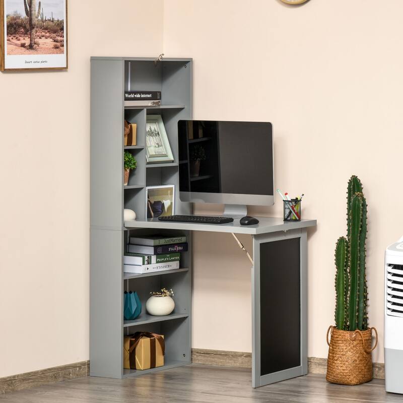 Modern Fold out Convertible Writing Table Wall Mount Desk with Blackboard Shelf and Built In Storage for Small Home Office Room - Grey