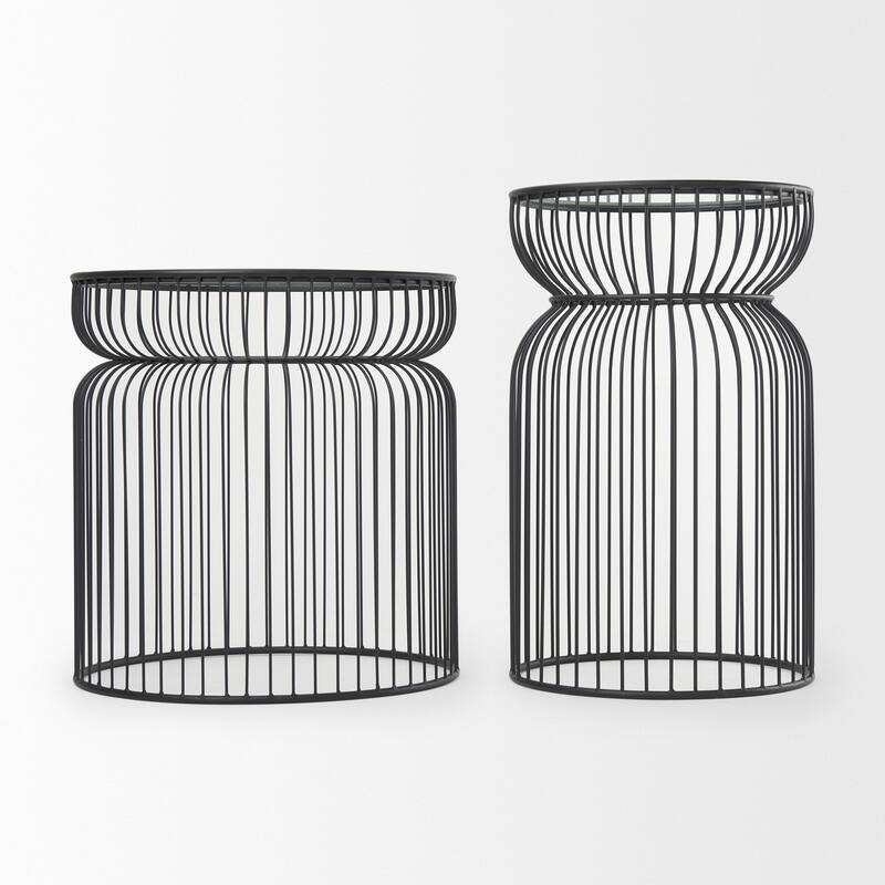 HomeRoots Set of Two Clear and Black Tempered Glass and Metal Wire Round Drum End Tables - 18.90 in. x 20.08 in. x 18.90 in.