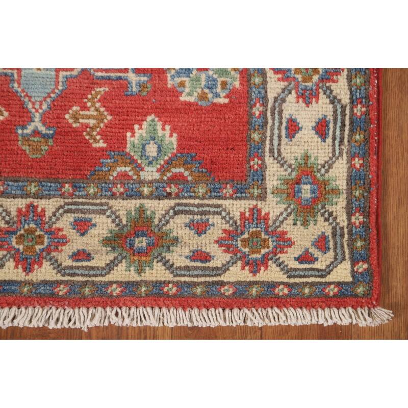 Geometric Kazak Runner Rug Hand-Knotted Traditional Red Wool Carpet - 2'1" x 5'10"