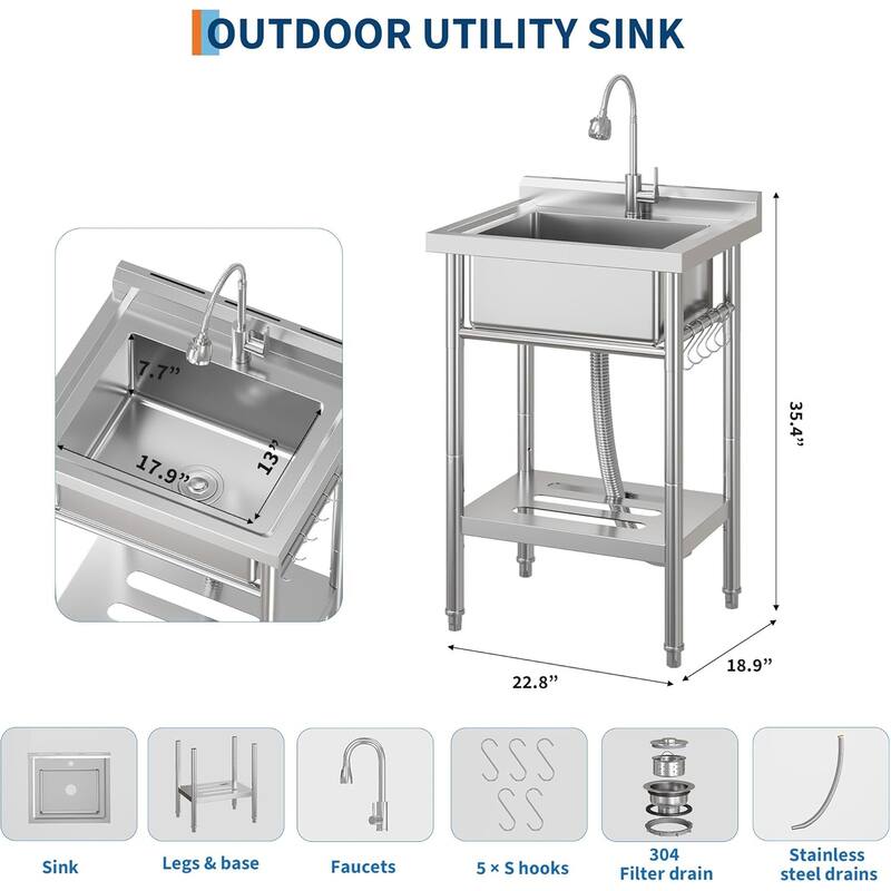 Freestanding Single Bowl Commercial Sink with Adjustable Legs, Storage Shelf, S-Hooks