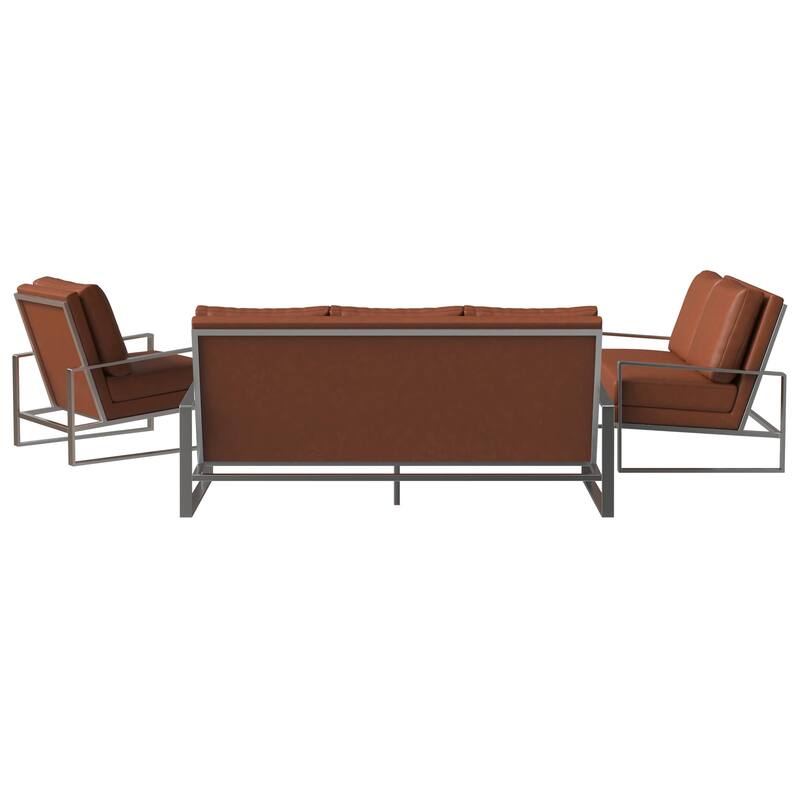 3-Piece Leather Sofa Set Brushed Stainless Steel Base and Removable Cushions