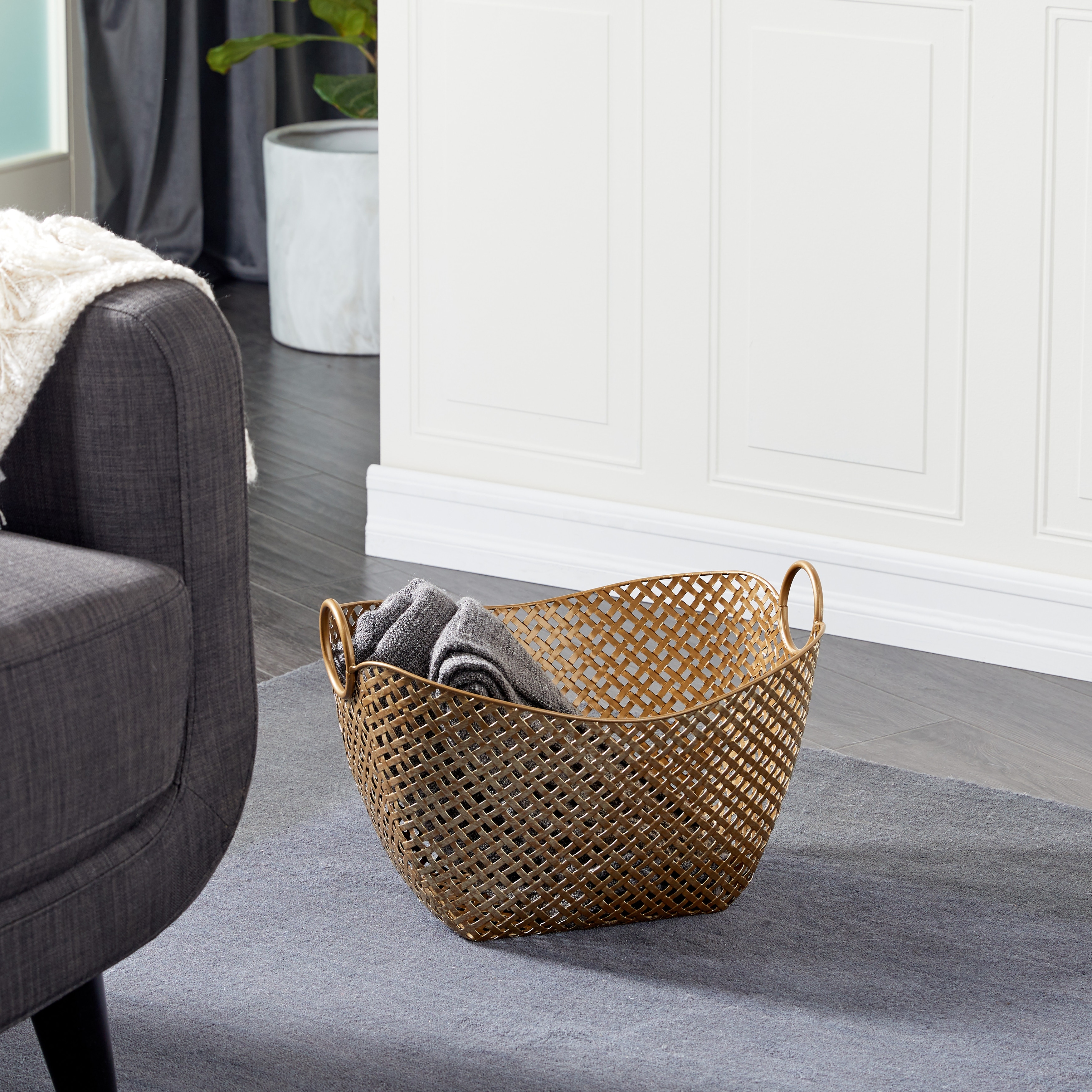 Gold Metal Handmade Woven Inspired Decorative and Functional Storage Basket with Handles