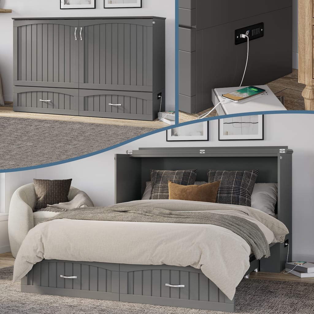 Aspen Queen Murphy Bed Chest with 6" Mattress, Storage Drawer & Built-In Charger in Grey