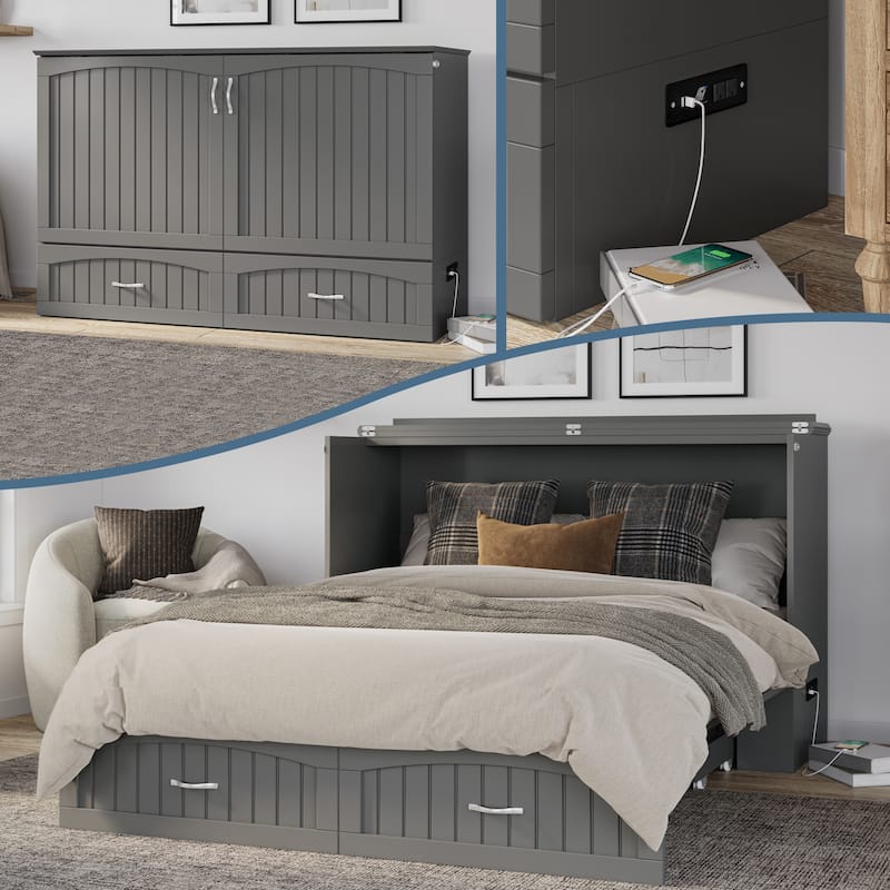 Aspen Queen Murphy Bed Chest with 6" Mattress, Storage Drawer & Built-In Charger in Grey