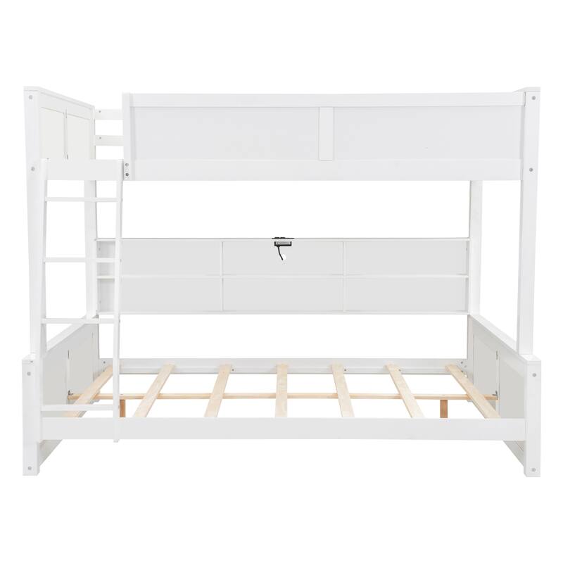 Wood Full XL over Queen Bunk Bed with Shelves, Storage Cabinets, USB Ports, Bunk Bed Frame w/Slats Support, No Box Spring Needed