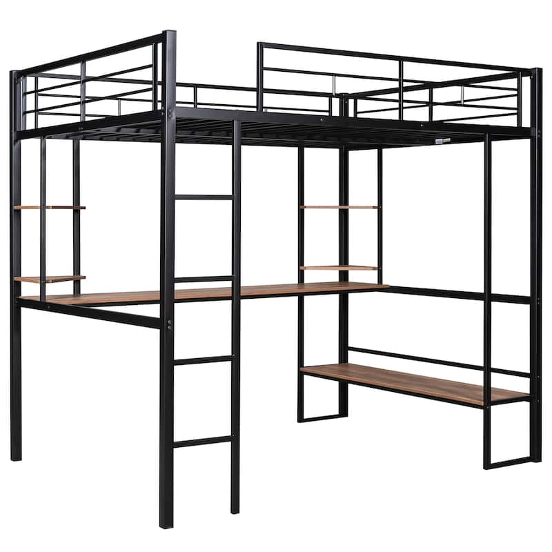 Black Full Size Metal Loft Bed with Long Desk and Shelves for Kids, Boys and Girls
