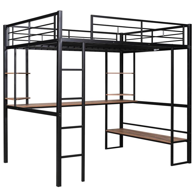 Roomfitters Full Size Loft Bed with Long Desk and Storage Shelves, Metal and MDF Frame, Black