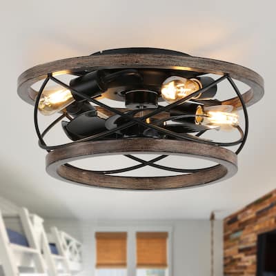 18" Rustic Wood Caged Flush Mount Ceiling Fan, 3-Speed Farmhouse Reversible Ceiling Fan with Light Kit and Remote Control