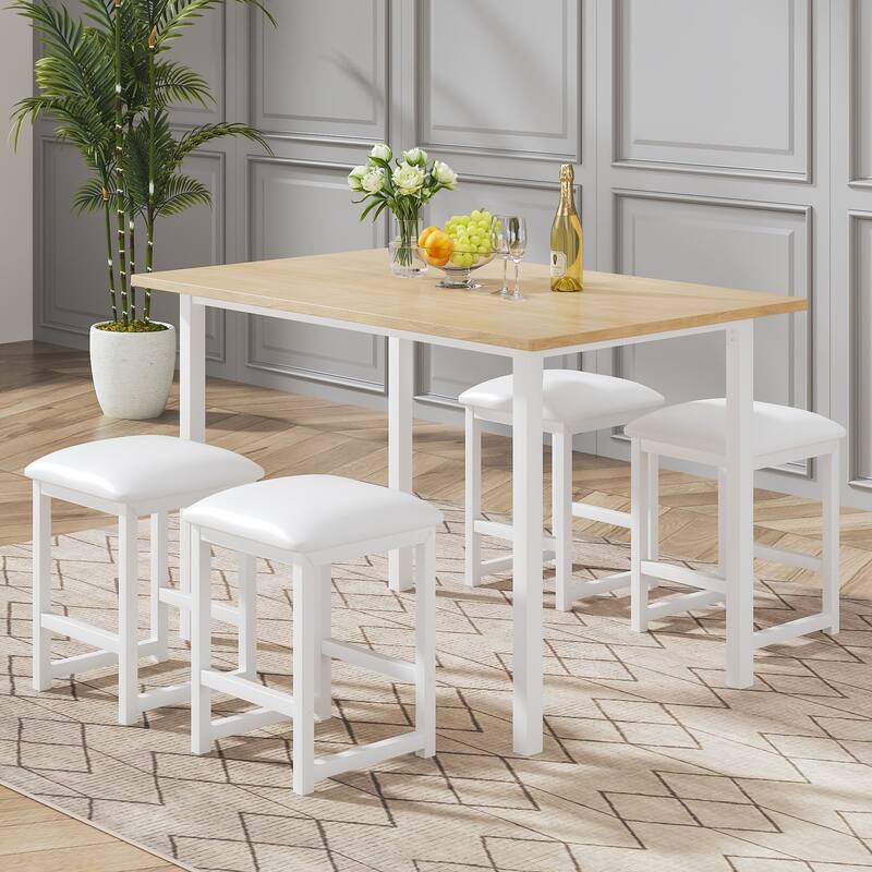 VECELO 5-Piece Dining Table Set with Black PU Leather Stools Space-Saving Rectangle Dining Set for Small Spaces Apartments - White