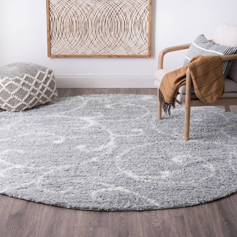 Sohni Shag Farmhouse Floral Indoor Area Rug - 5'3'' Round - Silver