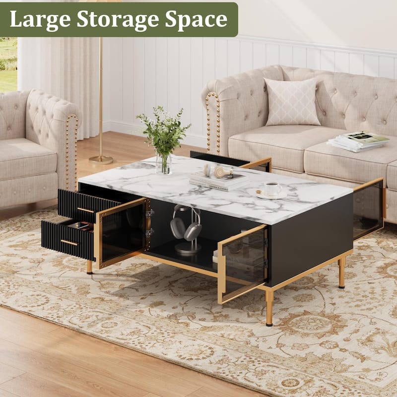 Minimalist Coffee Table with Faux Marble Surface, Glass Storage Doors