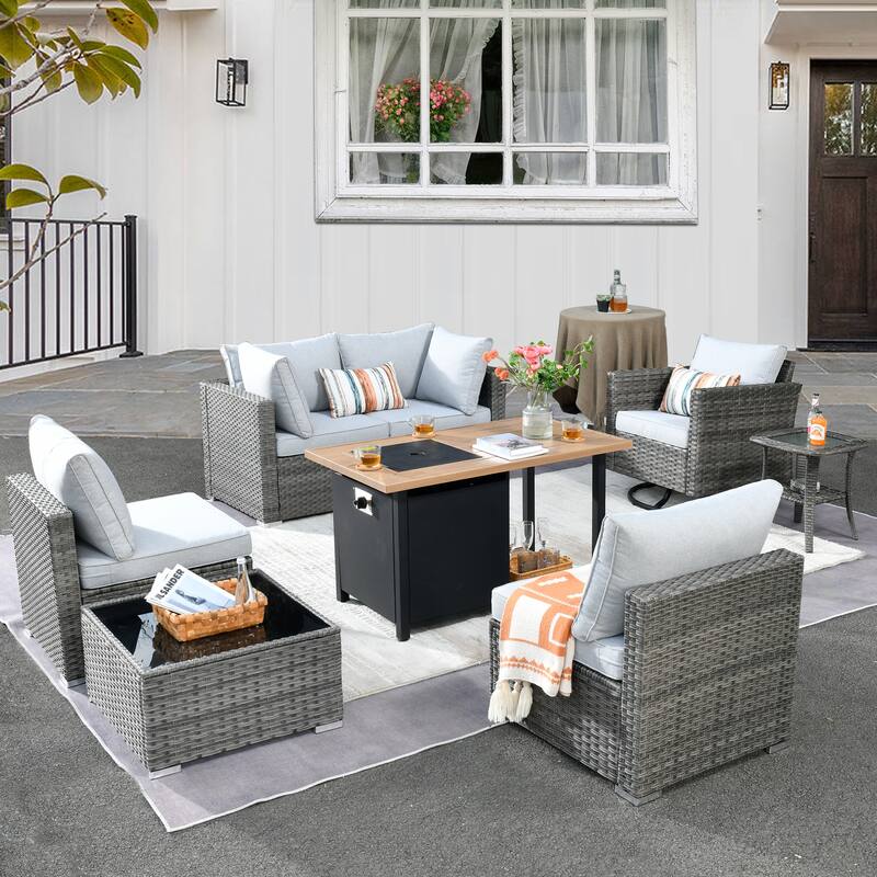 HOOOWOOO 8-piece Grey Wicker Outdoor Patio Furniture Sectional Set with Fire Pit - Grey