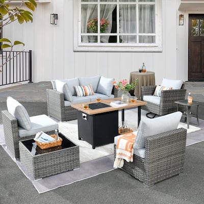 HOOOWOOO 8-piece Grey Wicker Outdoor Patio Furniture Sectional Set with Fire Pit