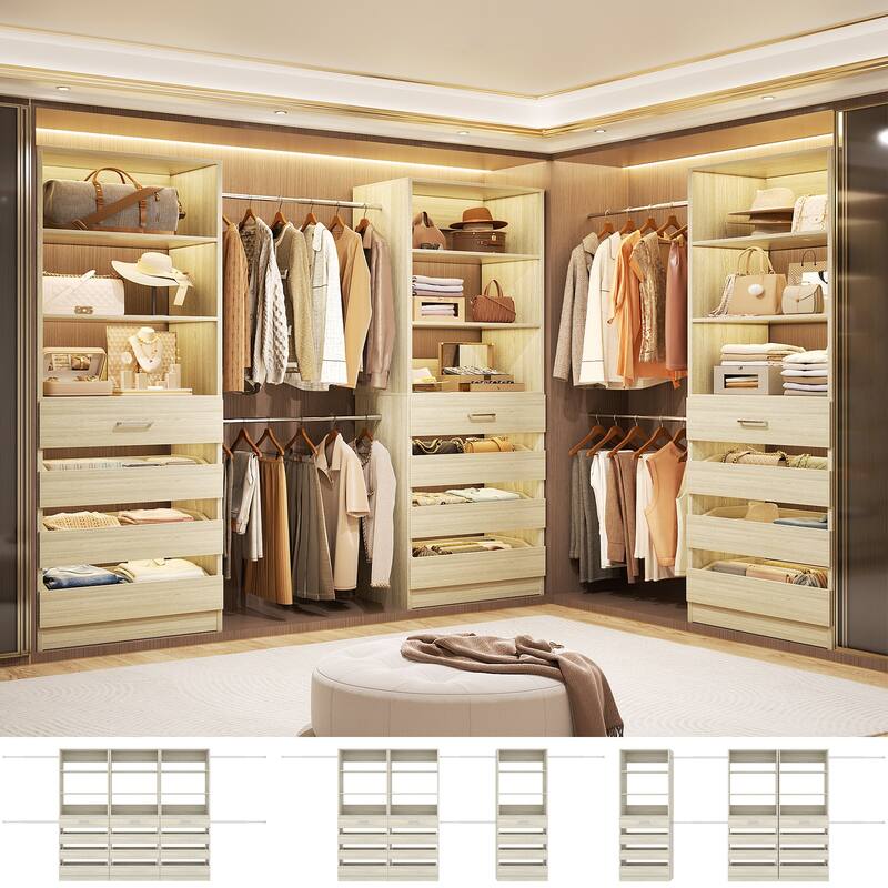 140'' Walk-in Closet Organizer System with 12 Drawers ＆ 4 Hanging Rods, 8.5-11.5FT Wooden Wardrobe Clothes Rack with 3 Towers