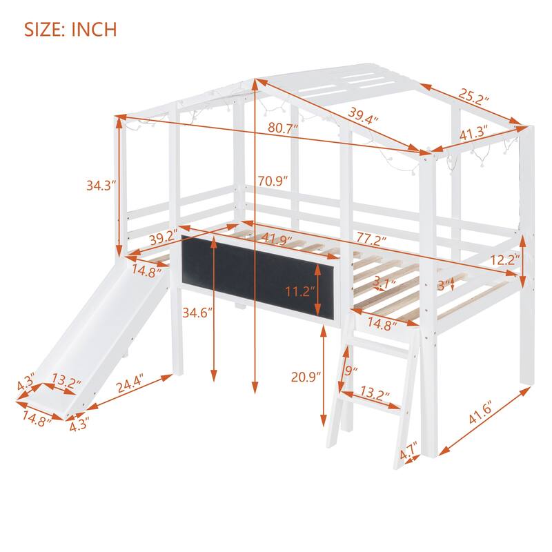 Twin Size Loft Bed with Ladder and Slide, Wood Slatted Frame House Bed with Blackboard and Light Strip on the Roof Design