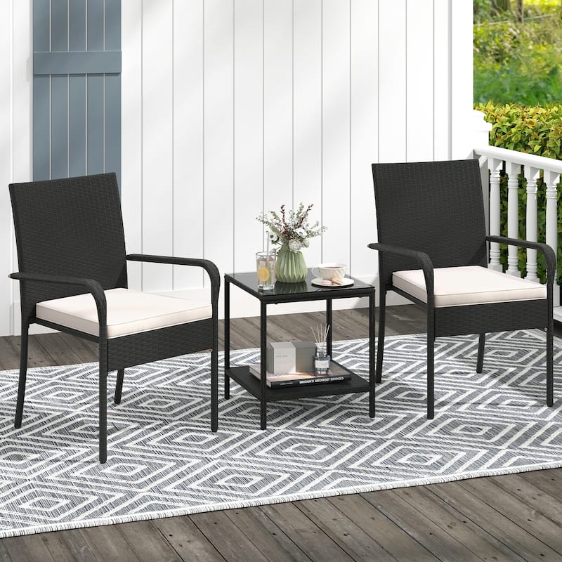 3 Piece Black PE Rattan Patio Set with Metal Frame, Cushions and Glass Table - Chair: 23" x 22.5" x 35"