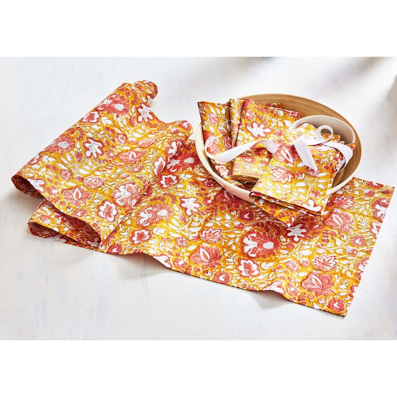 Mia Block Print Runner Cotton Machine Washable Table Runner Décor Decoration, 72" x 14.5"-in.
