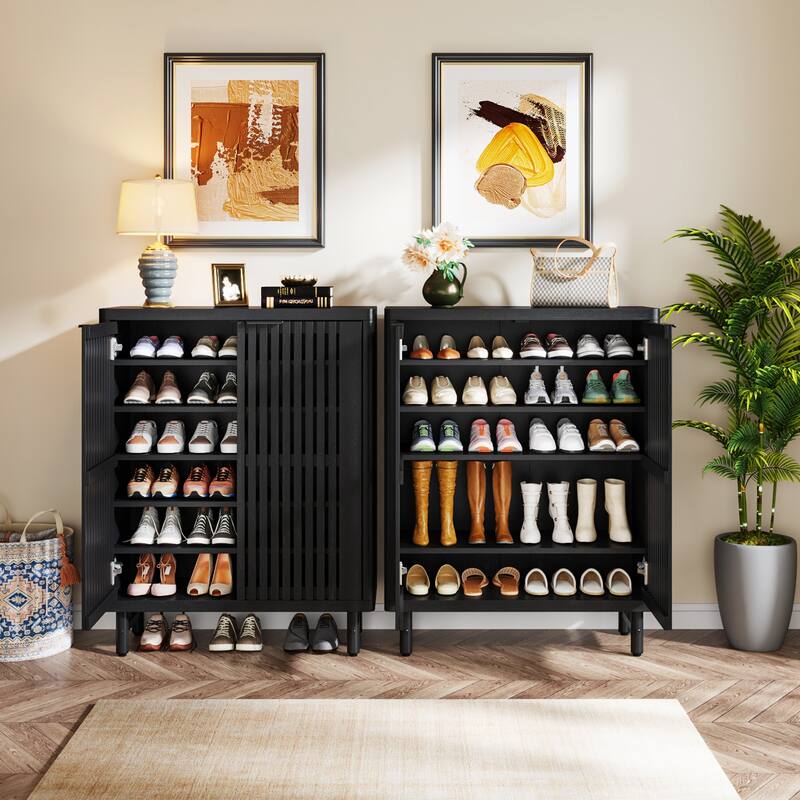 Wooden Shoe Cabinet with Shutter Doors, Adjustable Shelves Large Hidden Storage Organizer Rack for Entryway Hallway