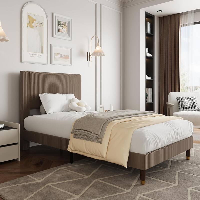 Soft Corduroy Fabric Platform Bed Frame with Upholstered Headboard, Brown - Full