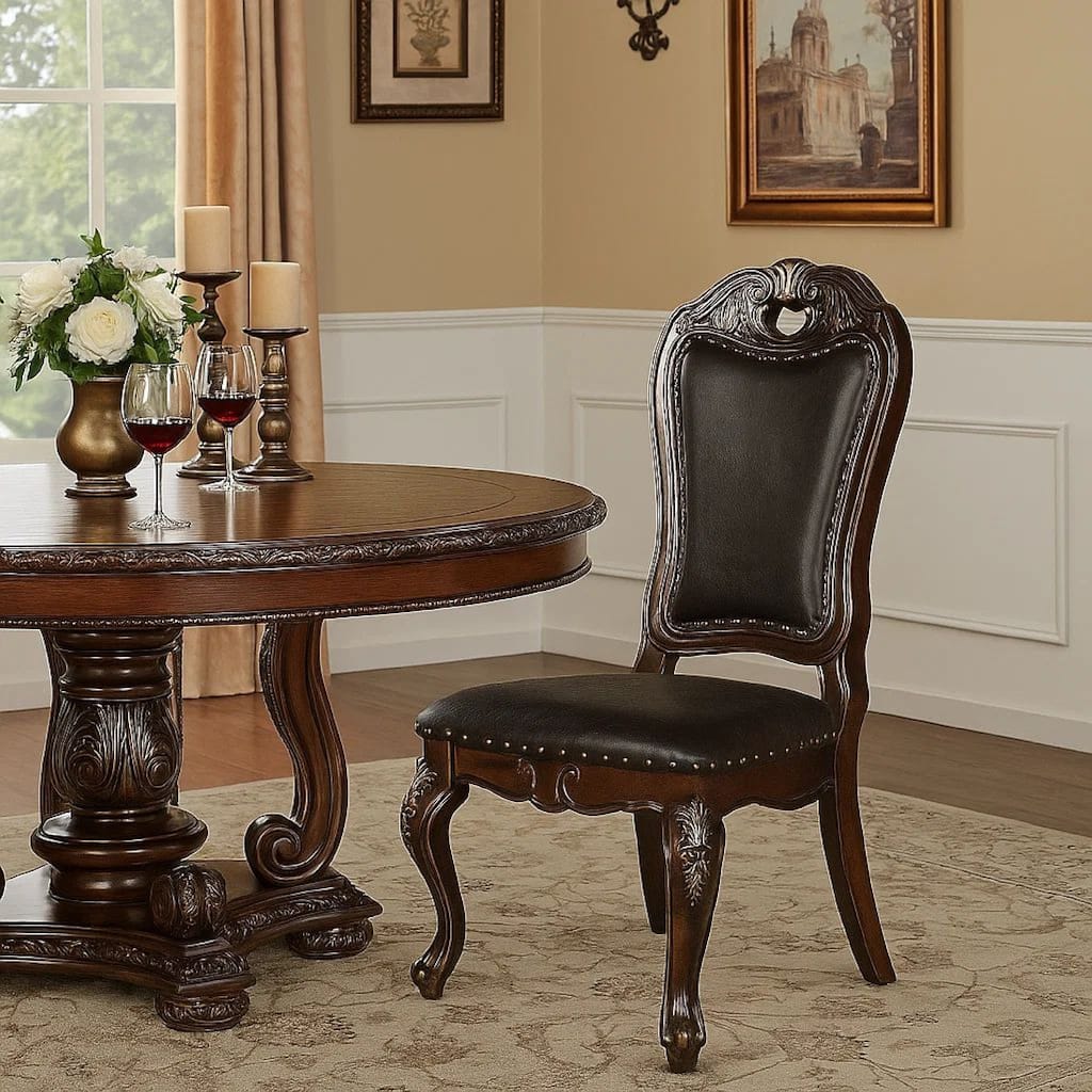 Ons 23 Inch Carved Dining Chair, Set of 2, Nailhead Trim Brown Faux Leather