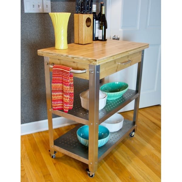 Bamboo & Stainless Steel Rolling Kitchen Cart with Drawer & 2 ...