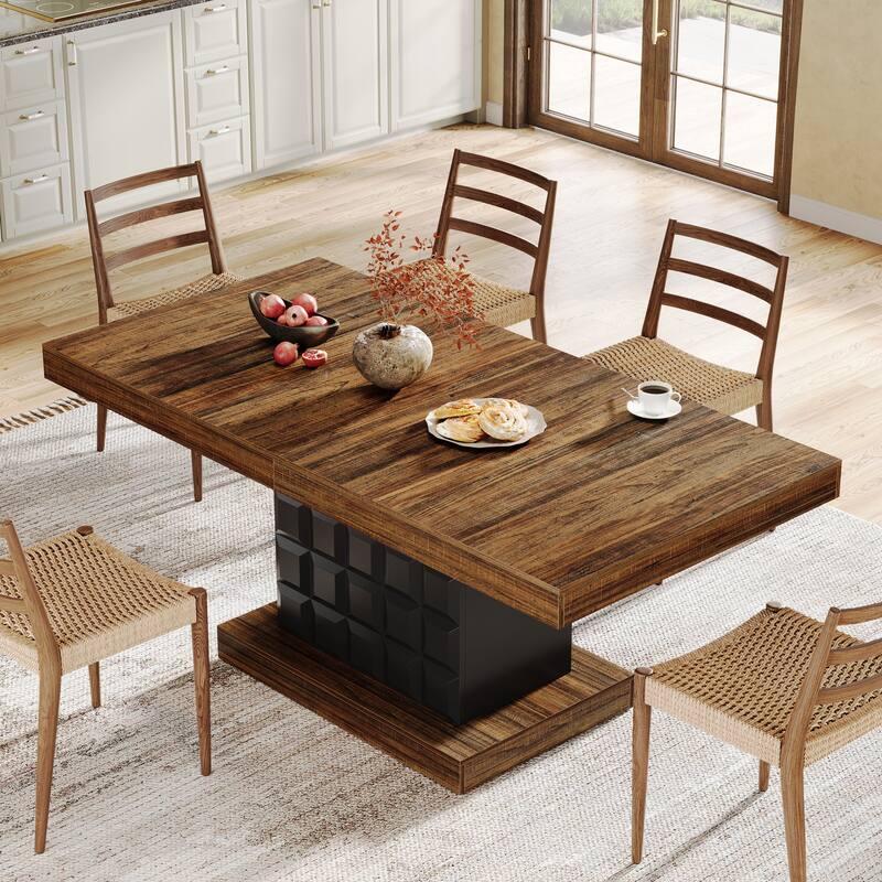 63'' Wood Rectangular Kitchen Dining Table with Pedestal for 4-6 - Brown+Black