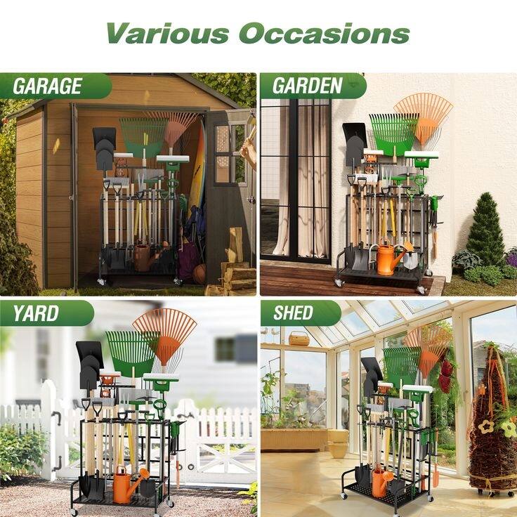 Garden Tool Organizer Rack with Wheels and 12 Hooks, Holds 39 Tools for Garage, Shed, Patio