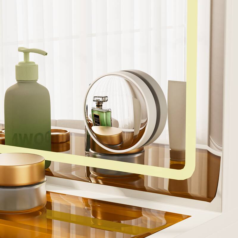 Glass Top Vanity Desk with Light Mirror & Power Outlet, Large Makeup Vanity Set, Dressing Table with 10 Drawers & Stool