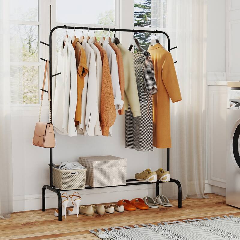 Gymax 50-Inch Wide Metal Garment Wardrobe Rack w/8 Hooks & Storage