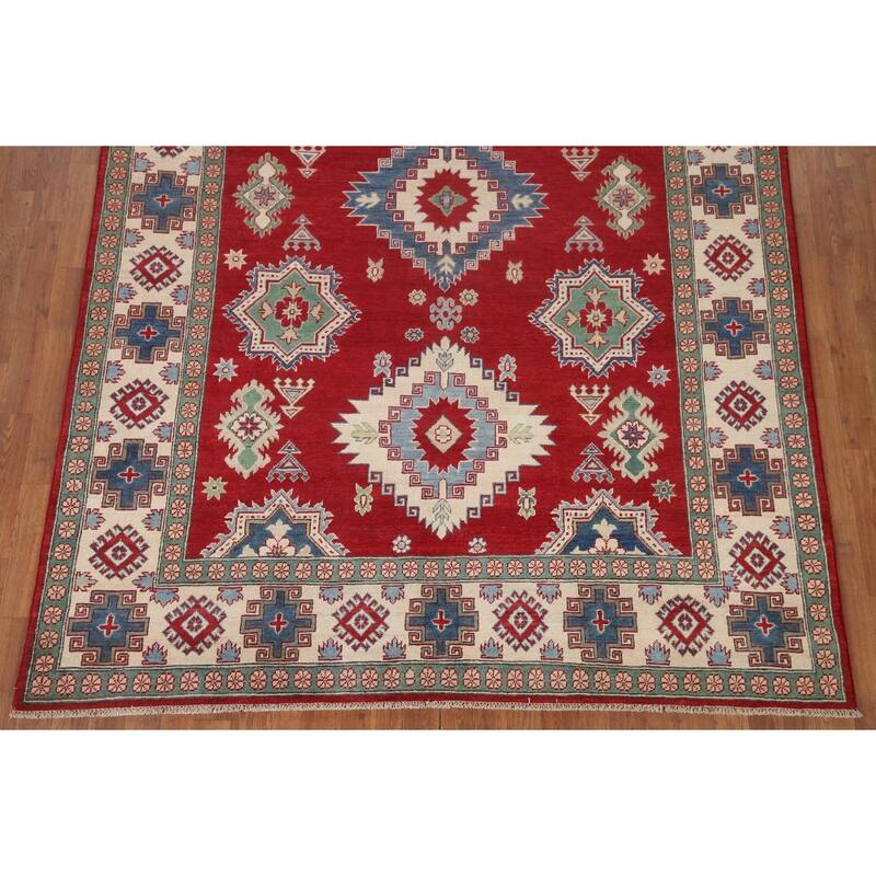 Hand Knotted Oriental 100% Wool Carpet Traditional Geometric Red Kazak Area Rug - 9' 10'' X 6' 8''