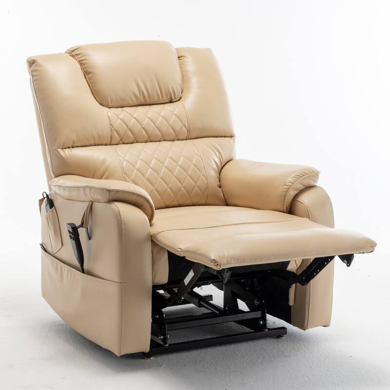 Beige Oversized Electric Recliner with OKIN Motor, 180° Lay Flat Function, Extra-Wide Seat, and Side Storage Pockets