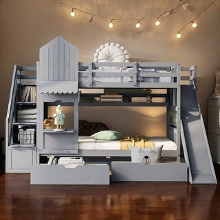 Impression & Castle Style Twin over Twin Bunk Bed with 2 Drawers 3 Shelves and Slide, Sturdy construction & Extra Fun, Gray
