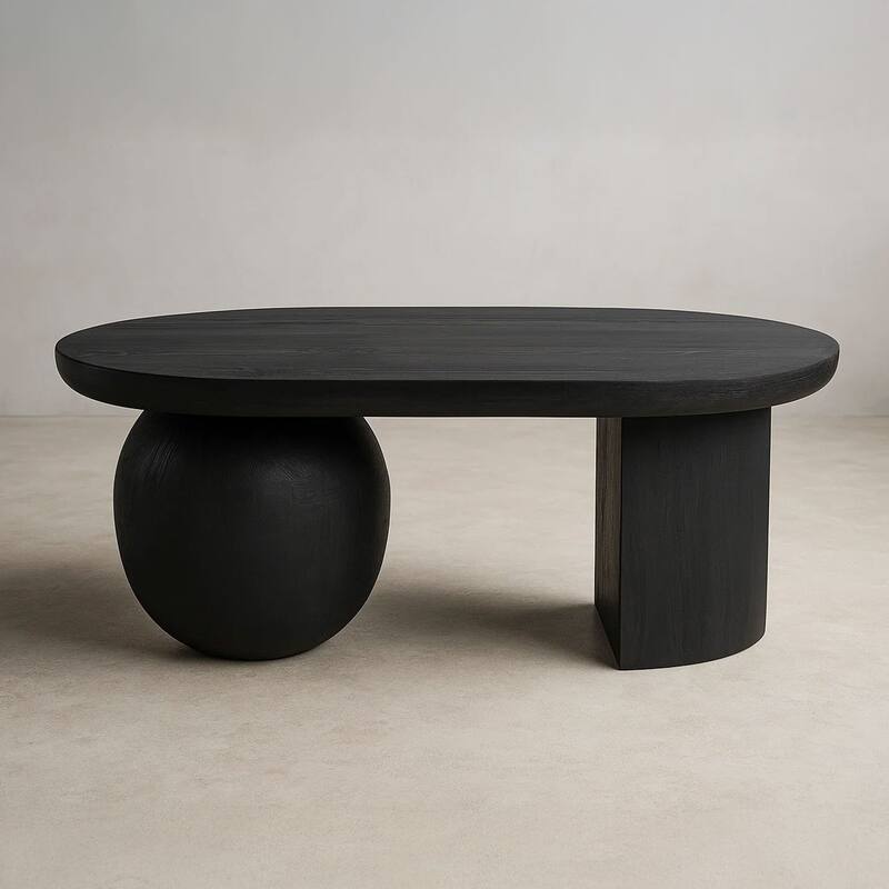 38 Inch Coffee Table, Oblong Mango Wood Top with a Modern Ball Leg