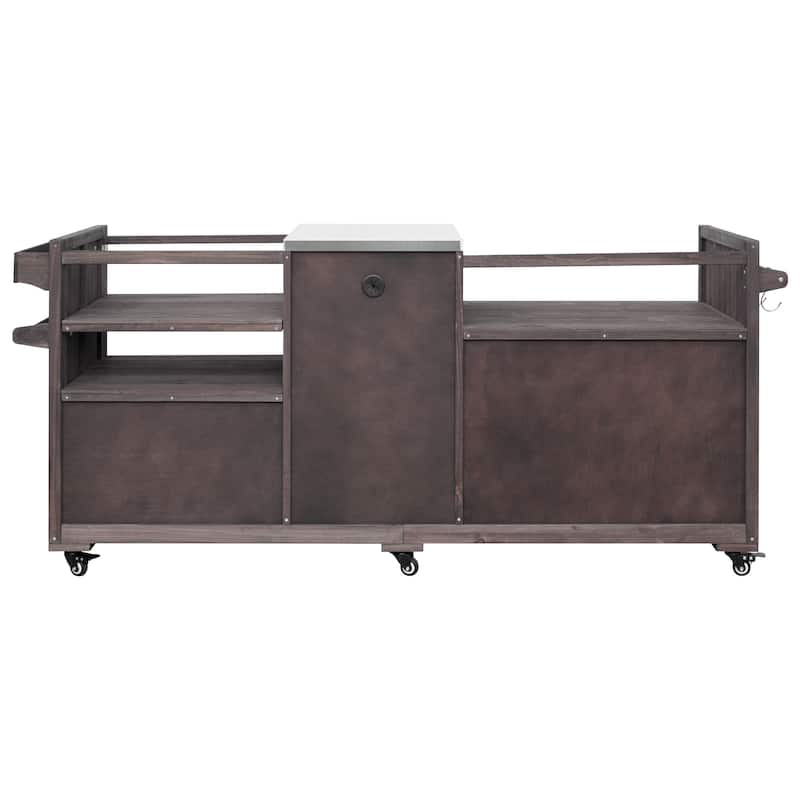 80.5" Solid Wood Outdoor Kitchen Island with Stainless Steel Top, Grill Cart Compatible with Big Green Egg & Blackstone