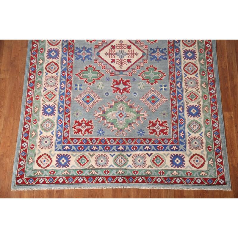 Gray Geometric Kazak Oriental Area Rug Wool Carpet - 6'3" x 8'11"