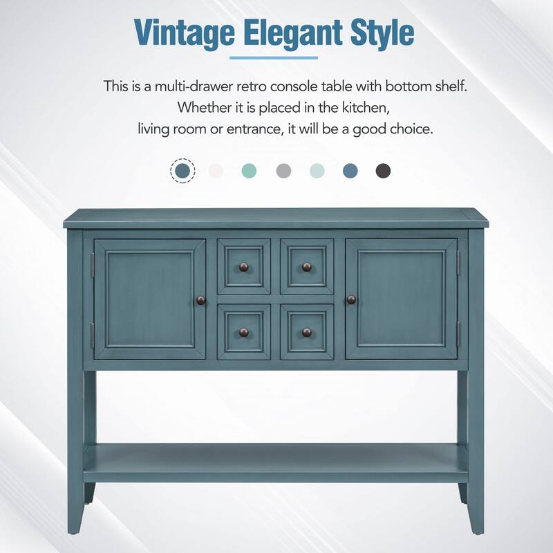Ample Storage Vintage Console Table With Four Small Drawers And Bottom Shelf