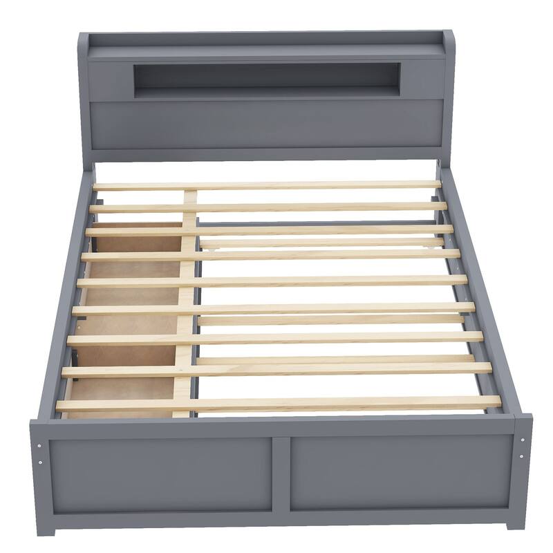 Queen Size Platform Bed with LED Headboard, Trundle & Drawers