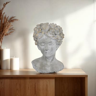 Farah Bust Statuette Planter, Floral Details, Gray Terracotta 13 Inch